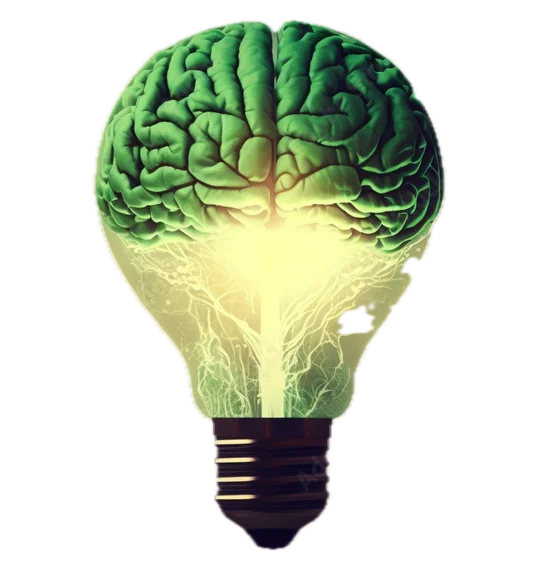 Stylized brain with gears representing intelligence and efficiency